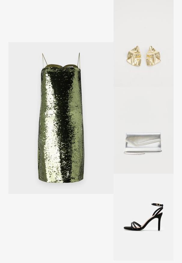 Grünes Paillettenkleid mit geradem Schnitt, dünnen verstellbaren Trägern, einem reflektierenden Material und einer schlanken Silhouette.; Anna Field by Zalando Riemensandalette - black; Glänzende silberne Clutch mit Umschlagklappe und dekorativem Besatz, kleiner silberner Kettenriemen, auf einfachem hellem Hintergrund.; Goldfarbene metallische Ohrringe mit einem wellenförmigen Design; glatte, reflektierende Oberfläche; asymmetrische Form; keine sichtbaren Muster oder Hardware.
