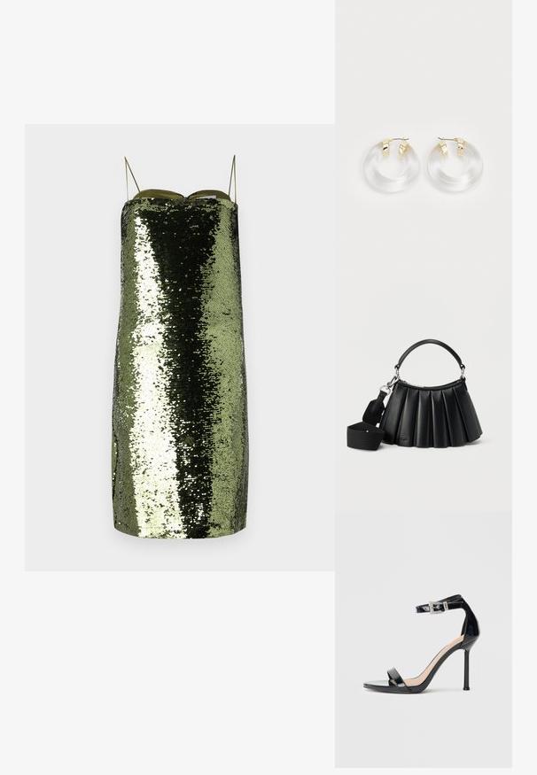 Vestido verde de lentejuelas con corte recto, tirantes delgados ajustables, que presenta una textura reflectante y una silueta ajustada.; Sandalia de tacón alto en piel sintética negra con correa en el tobillo. Presenta un diseño minimalista, punta abierta y una hebilla con detalles de pedrería.; Bolso negro de cuero plisado con asa corta y correa de hombro ancha de tela desmontable sobre fondo blanco.; Pendientes de aro de acrílico transparente con acentos metálicos en tono dorado y un acabado pulido. Presentan un diseño circular y suave.