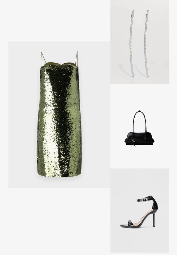 Groene sequin jurk met een rechte snit, dunne verstelbare bandjes, gekenmerkt door een reflecterende textuur en een slanke silhouet.; Zwarte sandalen met hoge hak van lakleer en een enkelriempje. Heeft een minimalistisch ontwerp, open teen en een gesp met strass-steentjes.; Zwarte schoudertas van leer met krokodillenstructuur, lange banden en een klein zilveren logohanger aan één band.; Zilverkleurige, verlengde oorbellen met een gebogen ontwerp, voorzien van een rij heldere kristallen langs de buitenste randen voor extra sprankeling.
