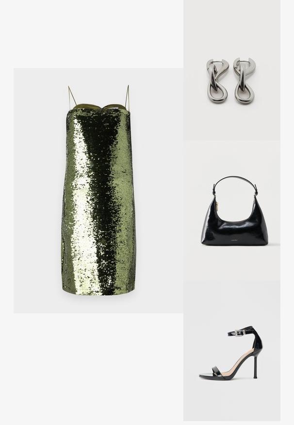 Grøn palietkjole med lige snit, tynde justerbare stropper, der har en reflekterende tekstur og en slank silhuet.; Sort højhælet sandal i laklæder med ankelrem. Har minimalistisk design, åben tå og spænde med rhinsten-detaljer.; Sort blank Calvin Klein håndtaske med gyldent lynlås og kort rem mod en ensfarvet hvid baggrund.; Par af sølvtonede metale øreringe med abstrakt sammenflettet løbedesign på hvid baggrund.