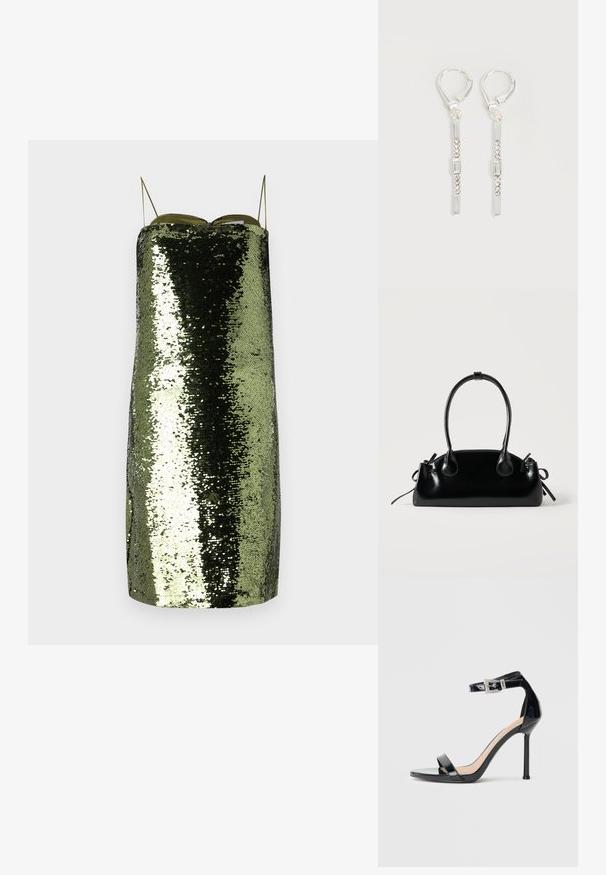 Grünes Paillettenkleid mit geradem Schnitt, dünnen verstellbaren Trägern, einem reflektierenden Material und einer schlanken Silhouette.; Schwarzer Riemchensandale aus Lackleder mit hohem Absatz und Knöchelriemen. Verfügt über ein minimalistisches Design, offene Zehenpartie und eine Schnalle mit Strassakzenten.; Kleine schwarze glänzende Handtasche mit zwei langen Griffen und seitlichen Kordelzug-Details vor einfachem hellem Hintergrund.; Silberne hängende Ohrringe mit rechteckigen und runden klaren Kristallen in einer vertikalen Linie, gesichert durch Leverback-Verschlüsse.