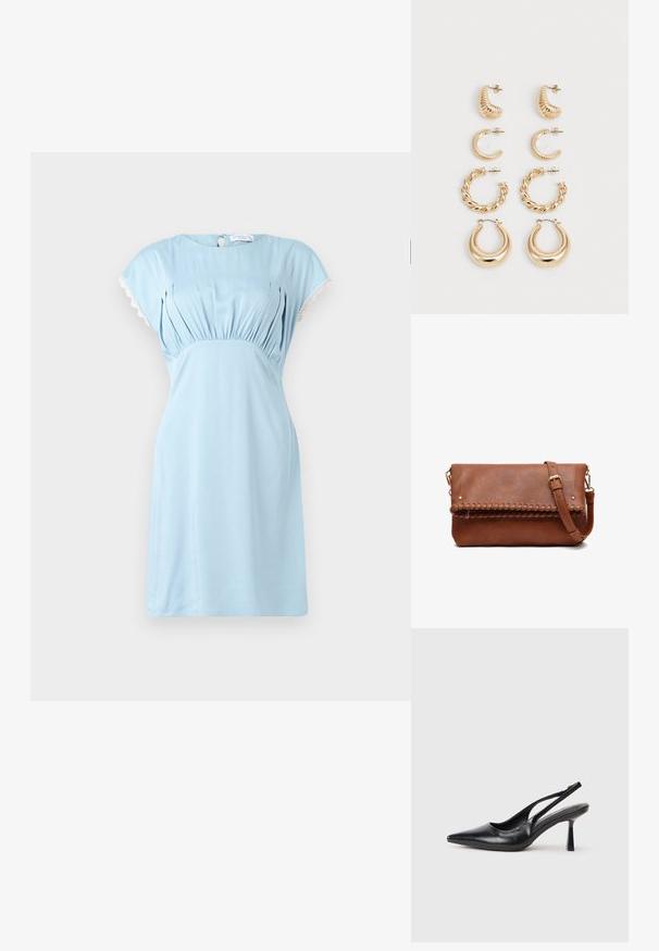 Hofmann Copenhagen CALLISTA - Päevakleit - lavender blue; Must musta slingback kõrge kontsaga king, terava varbaga ja peene kontsaga, valgel taustal.; Pruun nahast õlakott reguleeritava rihmaga, lapik klapp ja dekoratiivse õmmeldud servaga valgel taustal.; Viie kullast kõrvaehe komplekt, mis sisaldab erinevaid disaine: keeratud, nüri, ja siledad pinnad rõngas- ja poolkuu kujudes.