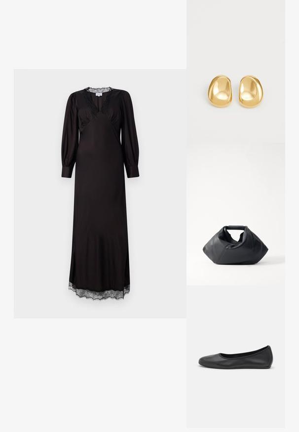 Schwarzes langärmliges Kleid aus glattem Stoff mit einem mit Spitze besetzten Ausschnitt und Saum, in einer dezenten A-Linie und mit seitlichen Schlitzen.; Schwarze Leder-Ballettschuhe mit abgerundeter Spitze, glatter Textur, minimalen Nähdetails und einem flexiblen Sohlen-Design.; Schwarze Lederhandtasche mit strukturiertem Äußeren, einzigartiger zerknüllter Form und kurzem Henkel. Verfügt über ein einzelnes Hauptfach.; Goldfarbene Ohrstecker mit einer glatten, runden Form und einer reflektierenden Oberfläche, die ein minimalistisches Design ohne sichtbare Muster zeigen.