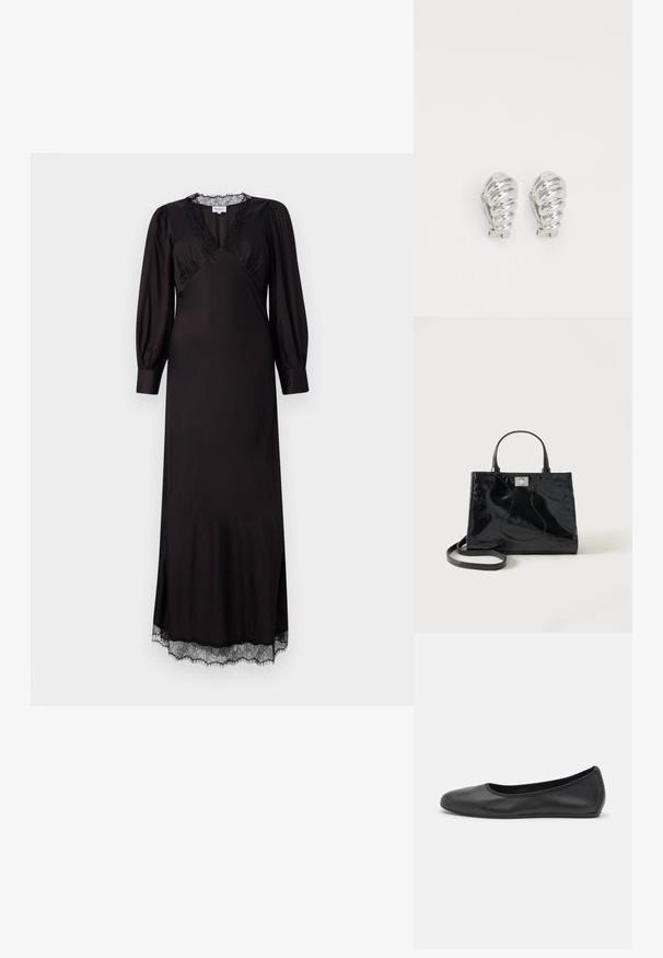 Schwarzes langärmliges Kleid aus glattem Stoff mit einem mit Spitze besetzten Ausschnitt und Saum, in einer dezenten A-Linie und mit seitlichen Schlitzen.; Schwarze Leder-Ballettschuhe mit abgerundeter Spitze, glatter Textur, minimalen Nähdetails und einem flexiblen Sohlen-Design.; Schwarze Handtasche aus Lackleder mit abgerundeten Griffen, abnehmbarem Schulterriemen und silberner Verschlussklammer auf einfachem weißem Hintergrund.; Silberne Clip-On-Ohringe mit spiralförmigem Design, das eine glatte metallische Textur und abgerundete Formen aufweist. Keine sichtbaren Verzierungen oder Muster.