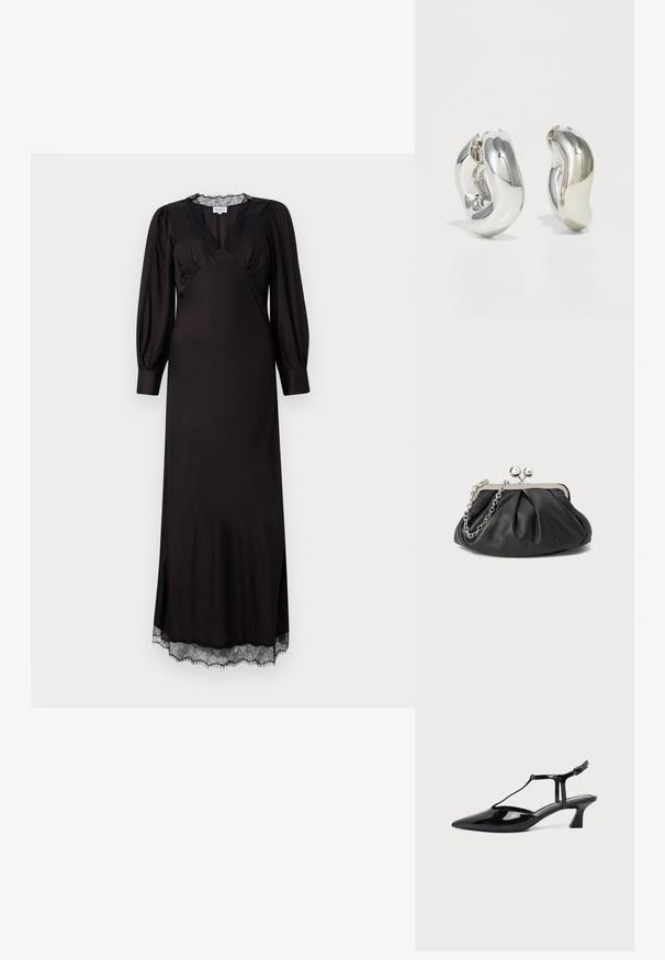 Schwarzes langärmliges Kleid aus glattem Stoff mit einem mit Spitze besetzten Ausschnitt und Saum, in einer dezenten A-Linie und mit seitlichen Schlitzen.; Schwarzer Slingback-Damenschuh aus Lackleder mit niedrigem Absatz, spitzer Spitze und dünnem Riemen mit kleiner Schnalle.; Schwarze Leder-Clutch mit geraffter Textur, silberfarbener Metallrahmen, Druckverschluss und Kettenriemen. Glatte, weiche Oberfläche.; Silberne skulpturale Ohrringe mit glatten, geschwungenen Formen und reflektierenden Oberflächen. Sie verfügen über ein geschlossenes Ringdesign und eine ausgeprägte organische Form.