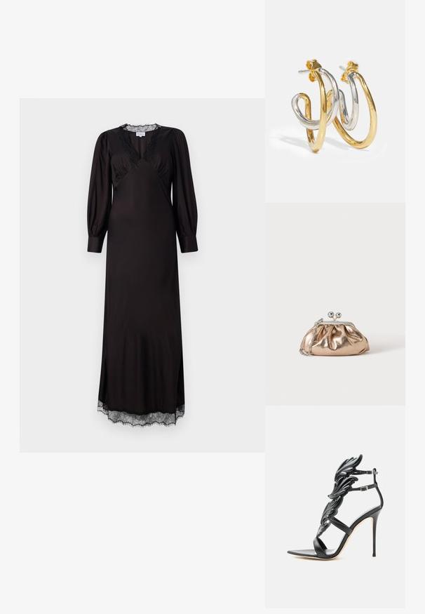Robe noire à manches longues en tissu lisse, dotée d'un décolleté et d'un ourlet en dentelle, avec une forme légèrement évasée et des fentes sur les côtés.; Sandale noire à talon haut avec des éléments décoratifs brillants en forme d'aile et des doubles brides de cheville avec des boucles argentées.; Petit sac pochette métallique dorée avec fermoir argenté et chaîne sur un fond clair uni.; Boucles d'oreilles en créoles entrelacées en or et en argent avec des finitions lisses et brillantes ; elles disposent d'un fermoir à tige pour un port sécurisé.
