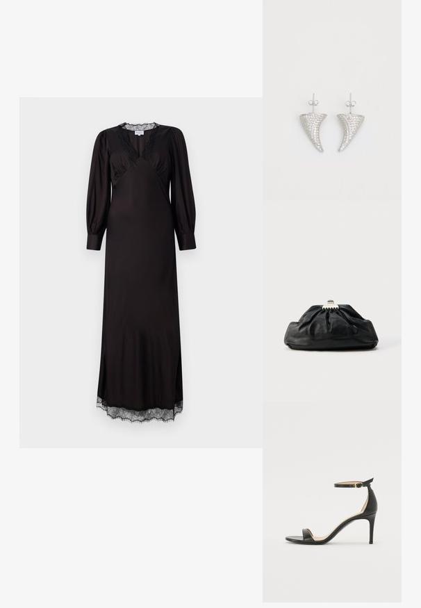Schwarzes langärmliges Kleid aus glattem Stoff mit einem mit Spitze besetzten Ausschnitt und Saum, in einer dezenten A-Linie und mit seitlichen Schlitzen.; Schwarze Leder-high-heeled Sandale mit Knöchelriemen. Verfügt über eine glatte Textur, offene Zehen und einen dünnen Absatz. Goldfarbener Schnallenakzent.; Schwarze Leder-Clutch mit geraffter Textur, Metallverschluss und dezentem, auf der Vorderseite geprägtem Logo. Abgerundete Form.; Silberne, hornförmige Ohrringe, besetzt mit kleinen klaren Steinen, mit einem Steckverschluss zur Befestigung. Glatte Textur und metallisches Finish.