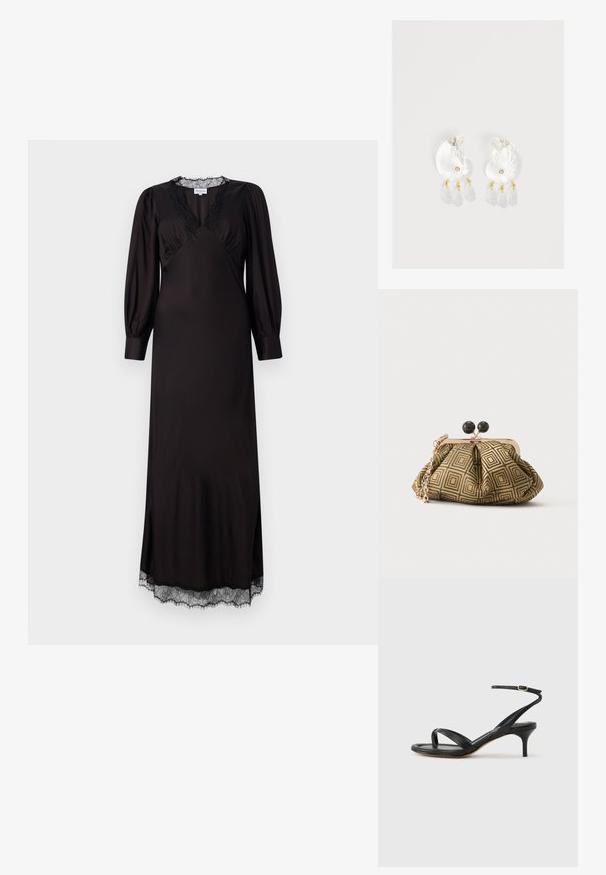 Schwarzes langärmliges Kleid aus glattem Stoff mit einem mit Spitze besetzten Ausschnitt und Saum, in einer dezenten A-Linie und mit seitlichen Schlitzen.; Schwarze Ledersandale für Damen mit dünnen Riemchen, einer Zehenlasche, einer Knöchelschnalle und einem mittelhohen Stöckelabsatz vor neutralem Hintergrund.; Kleine Clutch mit goldenem und schwarzem geometrischem Muster, goldfarbenem Metallrahmen, schwarzem Kugelverschluss und kurzem goldfarbenem Kettenriemen.; Klare Harz-Ohrringe in Muschelform mit kleinen goldenen Akzenten und drei hängenden durchsichtigen tropfenförmigen Anhängern an jedem Ohrring.