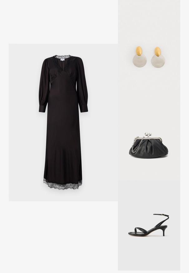 Robe noire à manches longues en tissu lisse, dotée d'un décolleté et d'un ourlet en dentelle, avec une forme légèrement évasée et des fentes sur les côtés.; Sandale pour femme en cuir noir avec fines lanières, une boucle d'orteil, une boucle à la cheville et un talon aiguille de hauteur moyenne sur un fond neutre.; Porte-monnaie en cuir noir avec texture froncée, cadre en métal argenté, fermeture à verrouillage kiss-lock et bandoulière en chaîne. Surface lisse et douce.; Boucles d'oreilles en métal doré et argenté avec une base en disque rond et une pièce supérieure ovale, texture lisse et finition polie.
