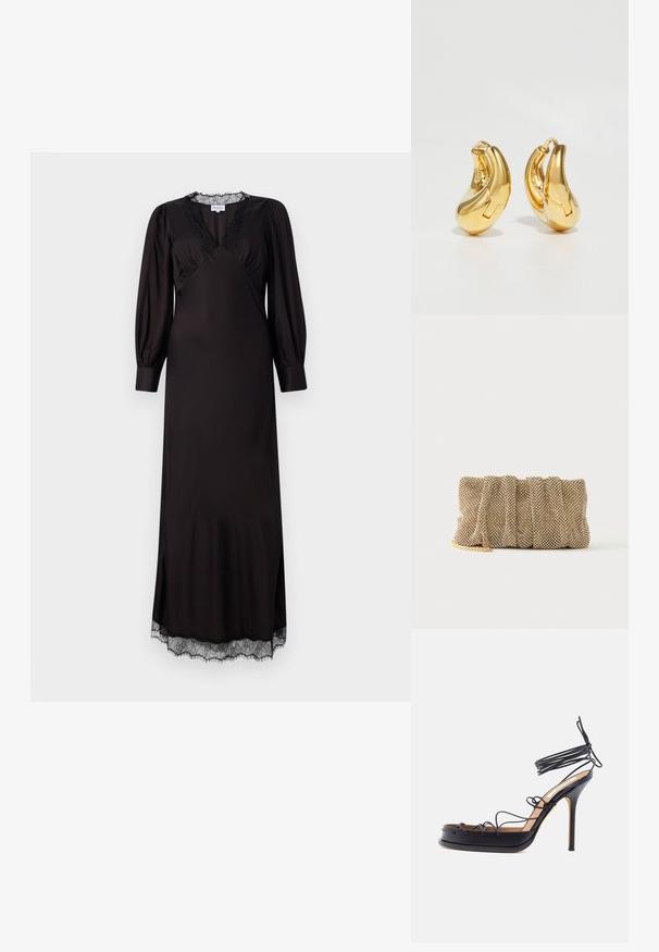 Schwarzes langärmliges Kleid aus glattem Stoff mit einem mit Spitze besetzten Ausschnitt und Saum, in einer dezenten A-Linie und mit seitlichen Schlitzen.; Schwarze Sandalette mit hohen Absätzen und dünnen Lederriemchen, die sich um den Fuß und das Sprunggelenk wickeln, mit spitz zulaufendem Stiletto-Absatz.; Kleine goldene Mesh-Clutch mit gerafftem Design und teilweise sichtbarem goldenen Kettengurt auf einfachem weißem Hintergrund.; Goldene Creolen mit einer glatten, geschwungenen Form und polierter Oberfläche. Mit einem Verschlussmechanismus und leichten Einkerbungen für Details.