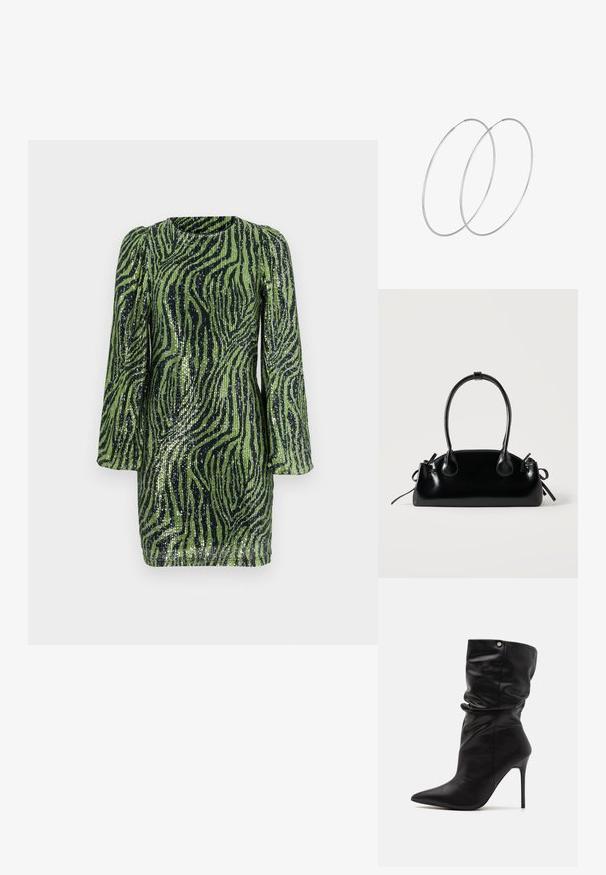 Roheline ja must sädelev kleit, millel on sebrariibuline muster, pikad punnsleeved ja ümmargune kaelus. Lühike, kehakujuline siluett.; Even&Odd Wide Fit by Zalando Kõrge kontsaga poolsaapad - black; Väike must läikiv käekott kahe pika sangaga ja külgedel paelakinnitustega, ühel lihtsal helel taustal.; Hõbedased rõngastikkaehingad minimalistlikus disainis. Ümar kuju, sile tekstuur ja õhuke profiil. Kerged ning poleeritud viimistlusega.