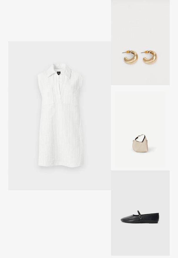 Robe blanche texturée sans manches avec col, encolure en V profonde et deux poches poitrine avant, présentée sur un fond uni.; Ballerines noires en cuir avec un bout pointu, une semelle plate et une petite sangle avec un détail de boucle en argent.; Sac à main en cuir beige en forme de croissant avec une seule bandoulière et des coutures minimalistes, posé sur un fond blanc uni.; Deux boucles d'oreilles en forme de cerceau en or brillant, avec un design courbé, présentant des accents orange près de la tige, sur fond blanc uni.