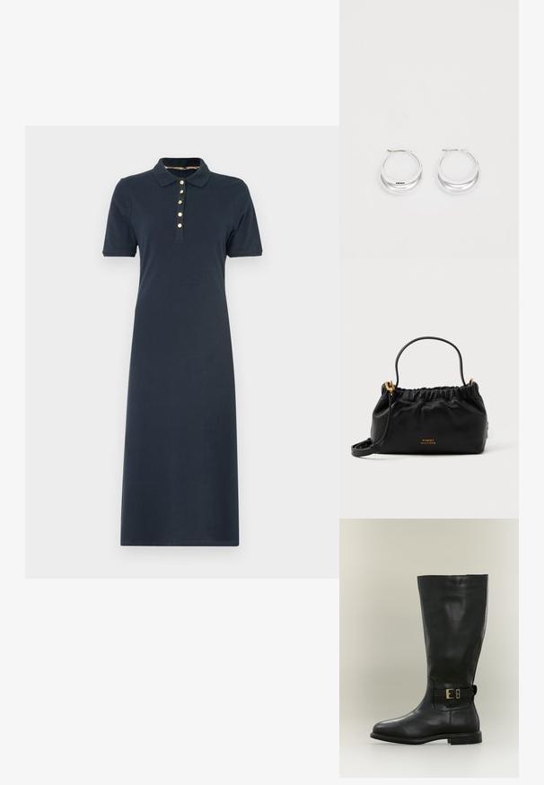 Robe polo marine à manches courtes, ornée d'un col et de cinq boutons dorés sur le devant. Tissu en coton lisse, design jusqu'aux genoux.; Botte haute en cuir noir avec un talon bas et une bride latérale à petite boucle dorée, présentée sur un fond neutre.; Sac à main en cuir noir avec un haut froncé, une courte poignée et une bandoulière amovible. Présente un accent logo en or et une texture lisse.; Boucles d'oreilles en argent avec une finition polie et un branding DKNY, présentées sur un fond blanc uni.