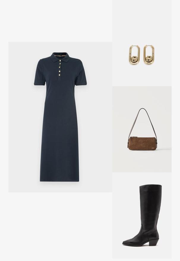 Robe polo marine à manches courtes, ornée d'un col et de cinq boutons dorés sur le devant. Tissu en coton lisse, design jusqu'aux genoux.; Botte en cuir noire mi-mollet avec un bout pointu et un talon bas incliné sur un fond clair uni.; Petit sac à bandoulière rectangulaire en daim marron avec une fine sangle marron foncé et une fermeture éclair dorée, marqué "HUGO" dans un coin.; BOSS DOUBLE B SWING - Boucles d'oreilles - gold-coloured