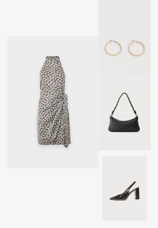 Vestido floral en blanco y negro con un cuello alto, diseño envolvente y detalle de moño en el lado. Presenta un patrón de flores parecidas a margaritas.; Zapato de mujer slingback de piel negra con puntera puntiaguda y tacón alto grueso de bloque sobre fondo blanco.; Bolso de hombro de cuero negro con forma rectangular curvada, cadena dorada entrelazada en una correa negra trenzada y cierre superior con cremallera.; Par de pendientes de aro de tamaño mediano con tono dorado y cierre de bisagra sobre un fondo claro y liso.
