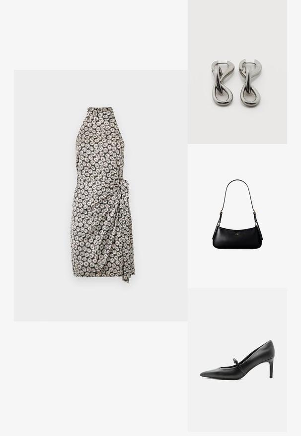 Vestido floral en blanco y negro con un cuello alto, diseño envolvente y detalle de moño en el lado. Presenta un patrón de flores parecidas a margaritas.; Zapato de tacón alto de cuero negro con punta puntiaguda, con tira fina y hebilla sobre el empeine, sobre fondo claro y neutro.; Mini bolso negro de cuero para hombro con correa delgada y pequeño logo dorado CK en el centro frontal.; Par de pendientes de metal con acabado plateado y diseño abstracto de bucles entrelazados sobre un fondo blanco.