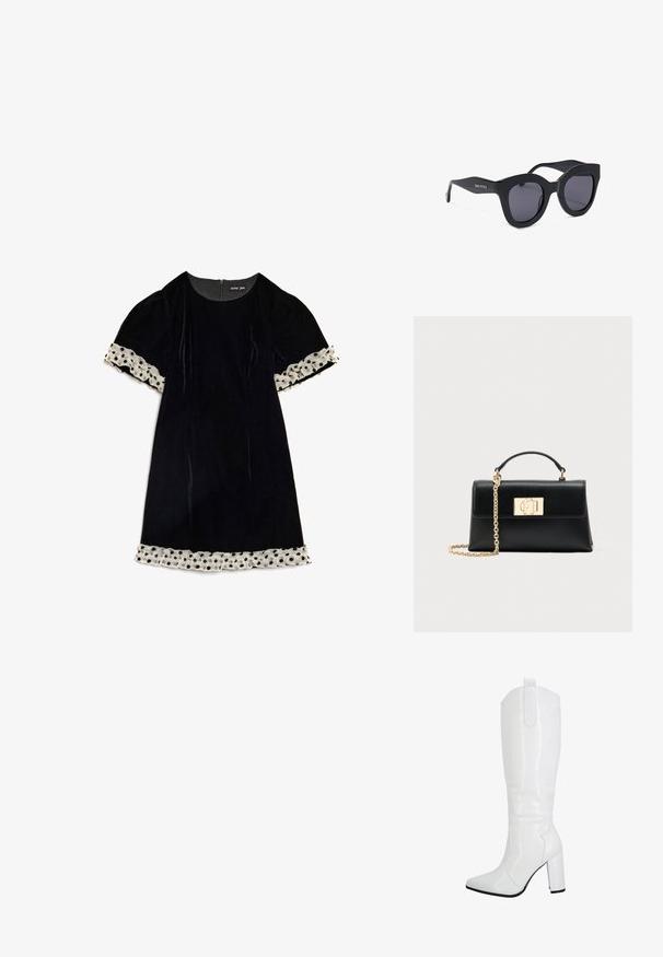 Robe en velours noir avec manches courtes bouffantes ornées d'un ruban de dentelle blanche à pois aux poignets et à l'ourlet, fermeture éclair dans le dos.; Bottes blanches à hauteur de genou avec une texture crocodile, bout pointu et talon épais. Équipées d'une languette à l'arrière pour un enfilage facile.; Lunettes de soleil noires oversize forme œil de chat avec verres foncés et marquage "Gino Rossi" sur les branches, présentées sur fond blanc.; Sac à main en cuir noir à la forme structurée, doté d'une poignée supérieure et d'une bandoulière chaîne ton or. Ornements dorés décoratifs avec détail de logo.