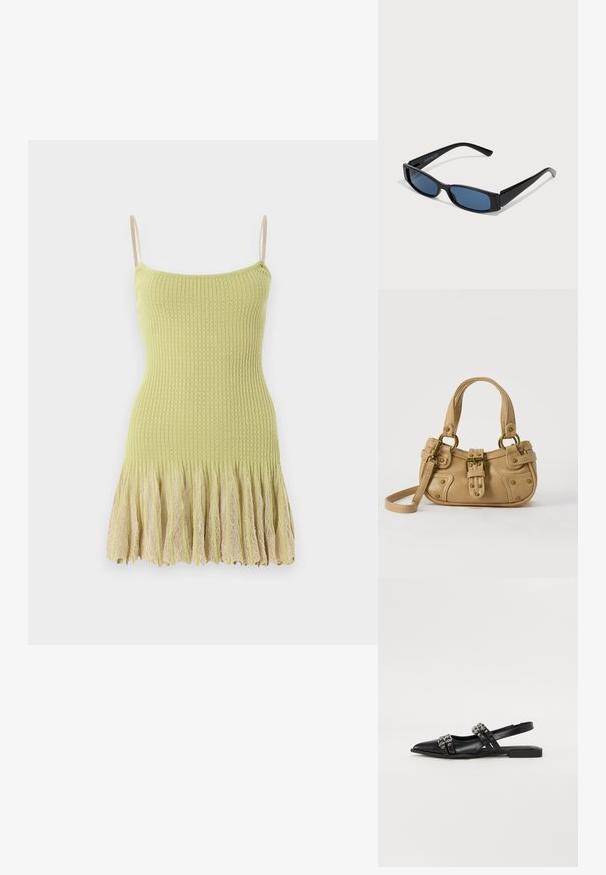 Robe sans manches en maille vert clair avec fines bretelles et un ourlet en dentelle beige plissé sur fond blanc.; Even&Odd by Zalando Ballerines à brides arrière - black; Lunettes de soleil noires avec une monture rectangulaire élégante et des verres bleus. Présente une texture lisse et des branches robustes. Logo de la marque sur le côté.; Sac à main en cuir beige avec double poignées, boucle en laiton et détails rivetés, ainsi qu'une bandoulière réglable sur fond blanc.