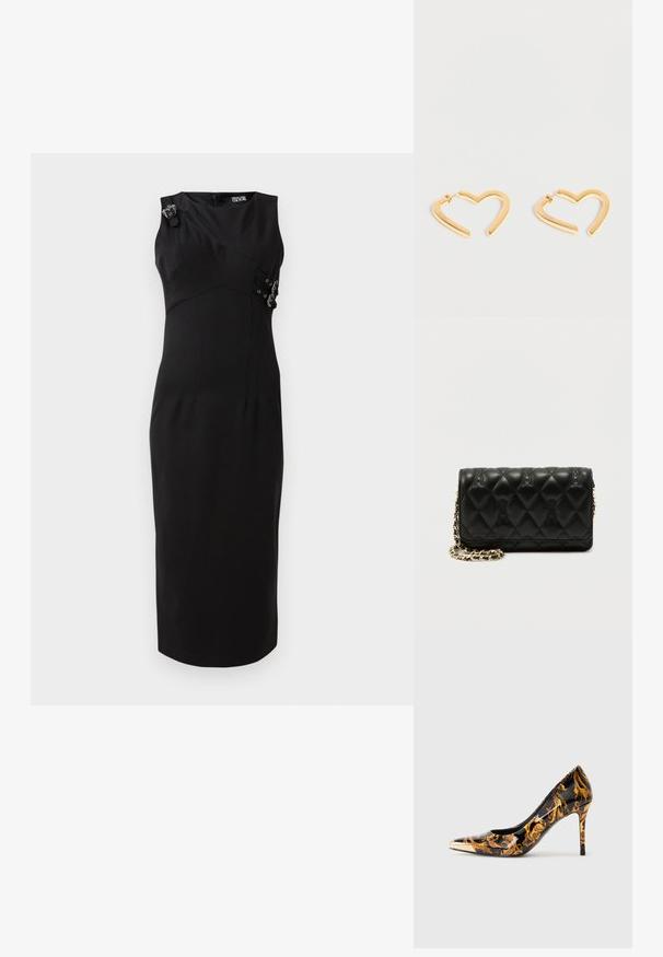 Vestido negro ajustado con diseño sin mangas, corsé estructurado, detalles laterales con acentos de metal y falda recta a la altura de la rodilla.; Zapato de tacón alto con punta afilada, superficie negra brillante, adornado con patrones florales dorados y una tapa metálica dorada en la punta.; Bolso bandolera negro acolchado de piel con asa de cadena dorada y un sutil estampado en relieve de logotipos sobre un fondo liso.; Pendientes de aro abiertos en tono dorado con forma de corazones asimétricos con cierres de pestillo sobre un fondo blanco.