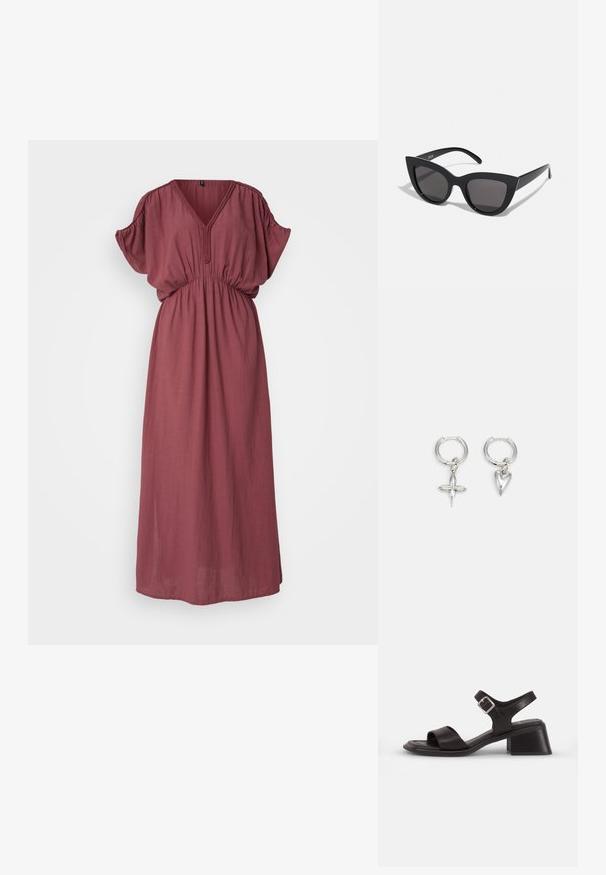 Vestido largo maxi en color burdeos, con escote en V, mangas cortas abullonadas y cintura elástica. Hecho de una tela ligera con una textura suave.; Sandalia de cuero negro con puntera abierta, una tira ancha a lo largo del pie y una correa en el tobillo que cuenta con una hebilla plateada. Diseño de tacón cuadrado.; Gafas de sol negras en forma de ojo de gato con un acabado mate, que presentan lentes ahumados grises, ángulos pronunciados y brazos laterales elegantes. Nombre de la marca visible en el interior del brazo.; Pendientes de aro de plata con un charm de cruz y corazón. Textura suave y brillante con un acabado pulido. Cada charm cuelga de un lazo seguro.