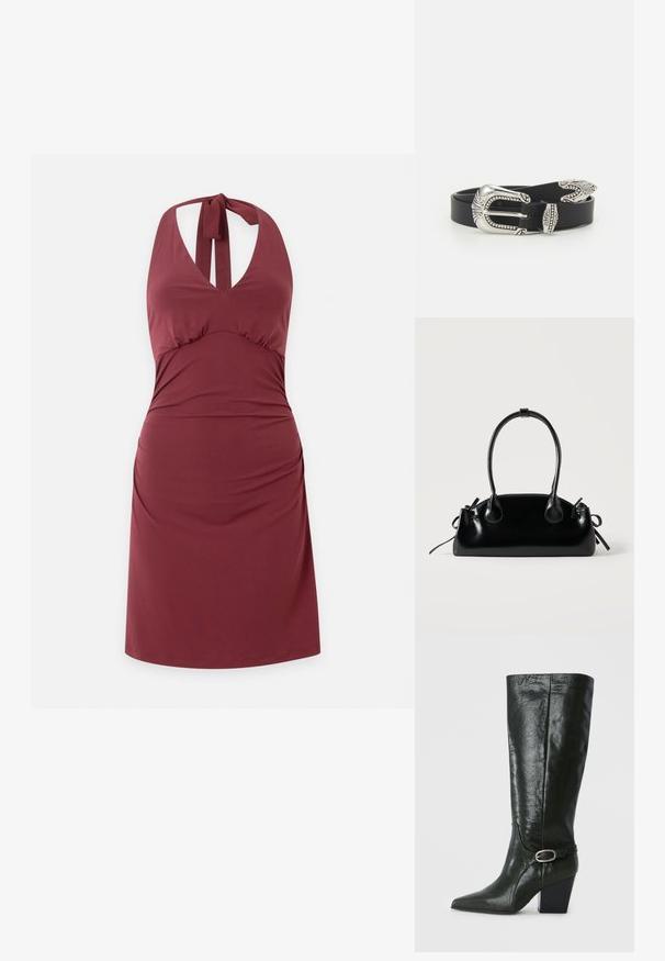 Robe dos nu rouge foncé avec col en V et fermeture à nouer au cou, avec une taille cintrée et un drapé doux sur la jupe.; Botte en cuir vert, haut jusqu'au genou, avec un bout pointu, un talon carré et une sangle décorative avec un détail de boucle en argent. Texture lisse avec une brillance.; Petit sac à main noir brillant avec deux longues anses et des détails à cordon sur les côtés sur un fond clair uni.; Ceinture en cuir noir avec une grande boucle en métal argenté dotée de détails complexes et d'accents décoratifs à chaque extrémité.