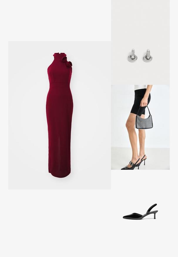 Burgundin ilmanhihainen mekko, jossa on korkea kaulus, sivuröyhelöyksityiskohta ja tiukka siluetti, valmistettu sileästä, joustavasta kankaasta.; Musta patentoitu nahka slingback-korkokengät, joissa on terävä kärki, matala stiletto-korko ja tyylikäs, yksinkertainen muotoilu ilman koristeita.; Mustakoruista käsilaukkua, jossa on kaareva siluetti, kantokahva ja kiiltävä pinta. Yhdistettynä korkeakorkoisiin mustiin kenkiin ja napakoihin mustiin shortseihin.; Pari pieniä, kiiltäviä hopeisia korvarenkaita pyöreällä pohjalla, esillä yksinkertaisella vaalealla taustalla.