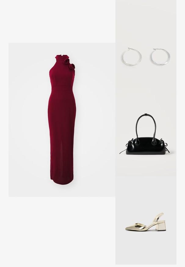 Burgundia ilma varrukatega kleit kõrge kaelusega, külgmise rühi detailiga ja sobiva silueti ning valmistatud siledast, venivast kangast.; Kuldne, metallilised slingback-kudumid terava varba ja paksu kontsaga. Sile tekstuur, minimalistlik disain ja kitsas rihm.; Väike must läikiv käekott kahe pika sangaga ja külgedel paelakinnitustega, ühel lihtsal helel taustal.; Hõbedased metallist rõngakujulised kõrvarõngad, millel on sile, kergelt kaarduv pind ja lukustuvad tagused kinnitused, valgel taustal.