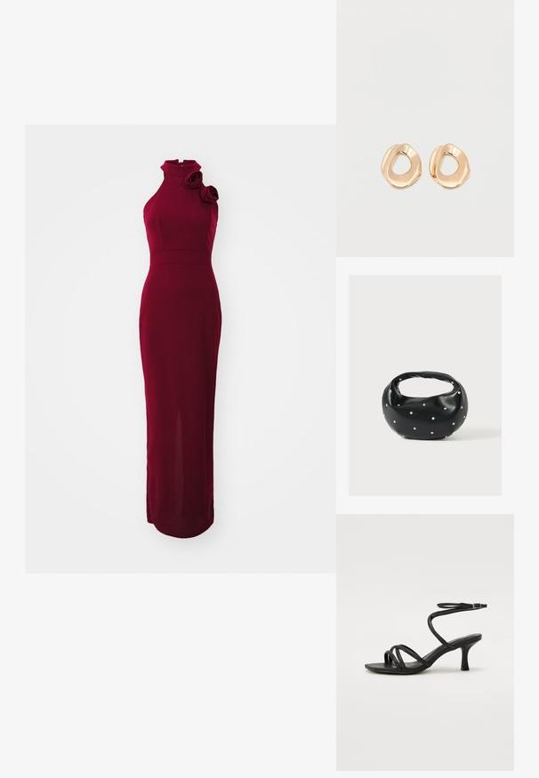Burgunderfarbenes ärmelloses Kleid mit hohem Kragen, seitlichen Rüschendetails und taillierter Silhouette, aus einem glatten, dehnbaren Stoff gefertigt.; Even&Odd Wide Fit Riemensandalette - black; Schwarze Lederhandtasche mit abgerundeter Form, verziert mit silbernen Nietenakzenten und kurzem Griff. Glatte Struktur und Reißverschlussverschluss.; Paar unregelmäßig geformter, polierter Creolen aus goldfarbenem Metall mit offenem Zentrum auf weißem Hintergrund.
