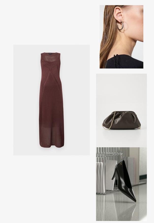 Robe longue marron tricotée sans manches avec des motifs ajourés géométriques et un col rond.; Chaussure noire à talon haut avec bout pointu et logo doré, posée sur une surface réfléchissante près d'un organiseur de dossiers en fil chromé contenant des documents.; Sac à main en cuir marron avec un design froncé, une bandoulière en chaîne dorée et une finition douce et texturée. Sa forme compacte est idéale pour une utilisation en soirée.; Boucle d'oreille en argent avec une finition polie, présentant de petits détails en or et de forme ronde, portée sur le lobe.