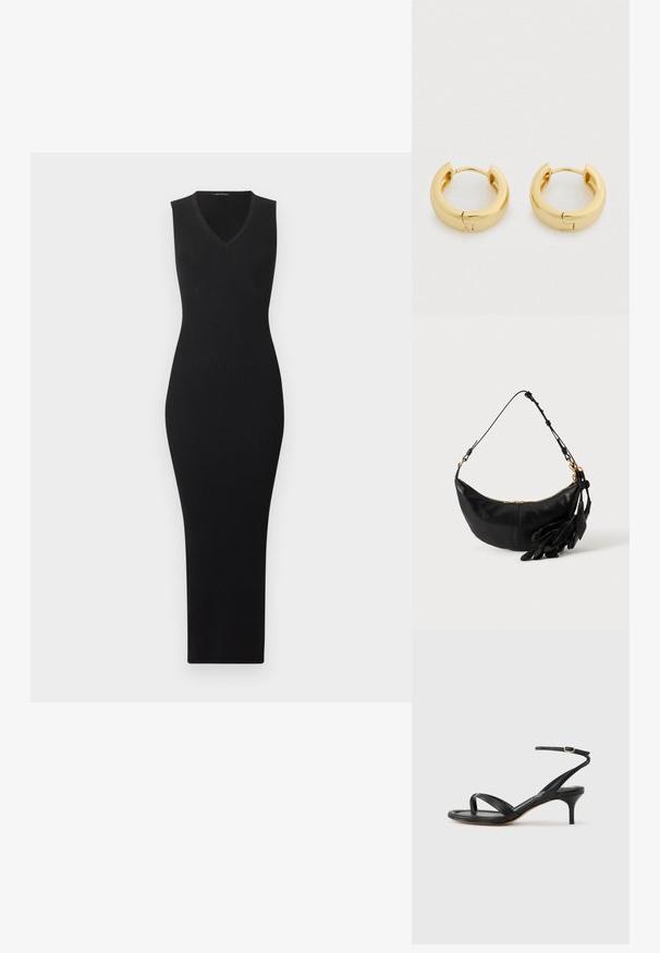 Robe midi noire sans manches en tricot côtelé, avec col en V, silhouette ajustée et motif texturé subtil sur le devant.; Sandale pour femme en cuir noir avec fines lanières, une boucle d'orteil, une boucle à la cheville et un talon aiguille de hauteur moyenne sur un fond neutre.; Sac d'épaule en cuir noir en forme de croissant avec bandoulière réglable, fermeture éclair dorée et pompons en cuir décoratifs en forme de feuille sur un côté.; Boucles d'oreilles créoles en or avec une finition lisse et polie, une forme circulaire et une fermeture à charnière. Le design est contemporain et minimaliste.