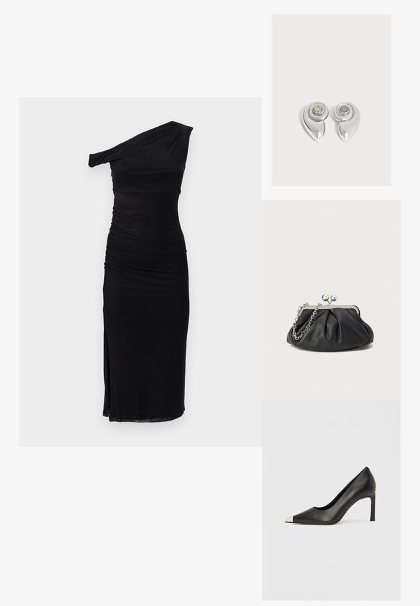 Vestido negro de un solo hombro con detalles fruncidos, ajuste ceñido, hasta la rodilla y con una abertura lateral, hecho de material suave y elástico.; Zapato de tacón alto de cuero negro con punta en forma de pico y una tapa metálica plateada. Presenta un acabado suave y un tacón delgado de 10 cm.; Clutch de cuero negro con textura arrugada, marco de metal en tono plateado, cierre de beso y cadena para colgar. Superficie suave y lisa.; Par de pendientes metálicos plateados brillantes con un diseño en espiral y una piedra circular en el centro sobre un fondo blanco liso.