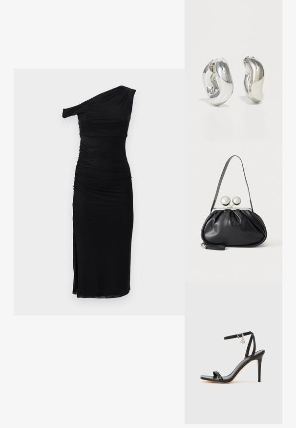 Vestido negro de un solo hombro con detalles fruncidos, ajuste ceñido, hasta la rodilla y con una abertura lateral, hecho de material suave y elástico.; Sandalia de tacón alto negra con una estrecha correa en el tobillo, punta cuadrada, material de cuero liso y detalle de hebilla metálica.; Bolso de mano de cuero negro con diseño fruncido, una sola correa, marco metálico plateado y dos cierres grandes redondos de plata.; Pendientes escultóricos de plata con formas suaves y curvas y superficies reflectantes. Presentan un diseño de aro cerrado y una forma orgánica distintiva.