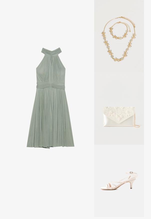 Un vestido halter verde menta con falda plisada, escote fruncido y cinturilla texturizada. Hecho de una tela liviana.; Sandalia blanca de tiras con puntera abierta, tacón bajo y correa con hebilla en el tobillo sobre un fondo liso y claro.; Clutch de raso crema con bordado de perlas y flores en la solapa, y una delgada cadena dorada como correa sobre fondo blanco.; Juego de collar y pulsera en tono dorado con diseños florales y de hojas de cristal claro, ambos con cierres de cadena ajustables sobre un fondo blanco.