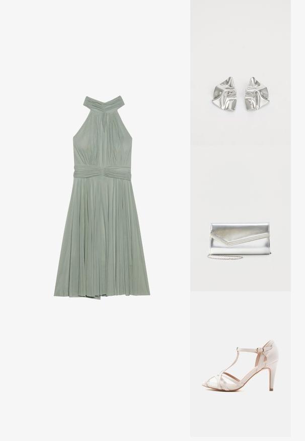 Une robe halter vert menthe avec une jupe plissée, un buste froncé et une ceinture texturée. Fabriquée en tissu léger.; Sandale beige à talons hauts avec bride en T, bout ouvert, panneaux en maille, et fermeture à boucle ajustable sur fond blanc.; Pochette argentée brillante avec rabat style enveloppe et garniture décorative, petite bandoulière chaîne argentée, sur fond clair uni.; Boucles d'oreilles en métal argenté avec un design ondulé et sculptural, présentant une finition polie et des formes irrégulières, mettant en valeur une esthétique contemporaine.