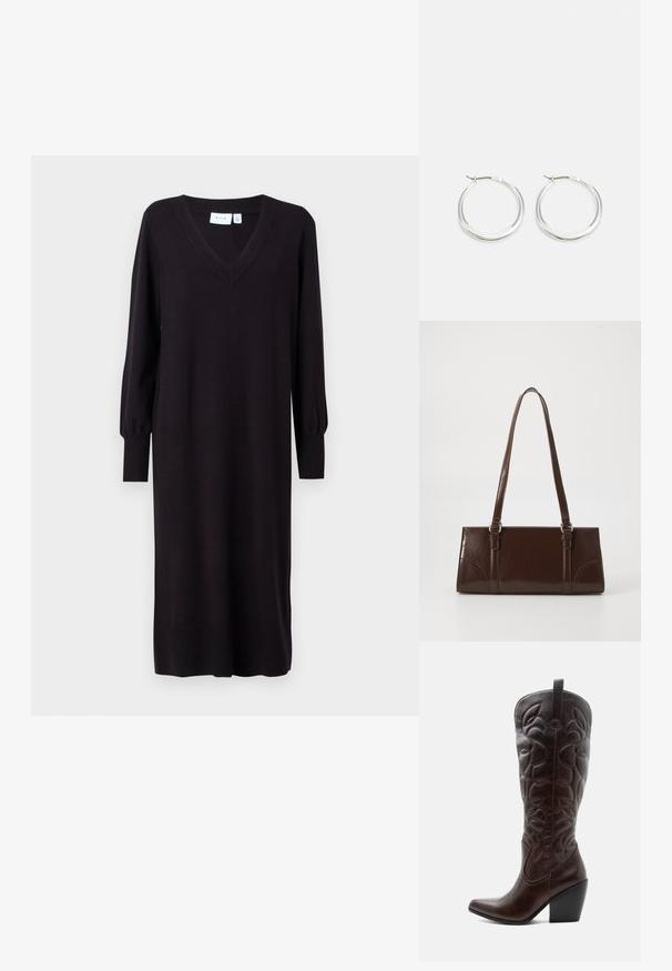 Robe tricotée noire à manches longues, décolleté en V et poignets côtelés. Coupe droite sans motifs ni accents visibles. Texture douce.; Botte de cowboy haute en cuir marron foncé avec motifs décoratifs cousus, bout pointu et talon bloc empilé.; Sac à main en cuir verni marron de forme rectangulaire, avec deux longues poignées et des accents courbés subtils à l'avant.; Les boucles d'oreilles en argent en forme de créole présentent un design lisse et arrondi avec un profil fin et un fermoir sécurisé. Style minimaliste avec une finition polie.