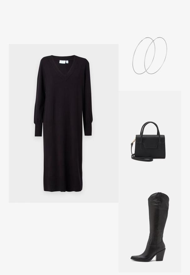 Vestido negro de punto con mangas largas, escote en V y puños acanalados. Corte recto sin patrones o acentos visibles. Textura suave.; Bota negra hasta la rodilla hecha de cuero suave, con punta afilada, tacón apilado y sutilezas en la costura a lo largo del lado.; Bolso estructurado negro de cuero con un asa superior, correa de hombro desmontable y un detalle de tapa en la parte frontal. Acentos en dorado.; Pendientes de aro plateados con un diseño minimalista. Forma circular, textura suave y perfil delgado. Livianos con un acabado pulido.