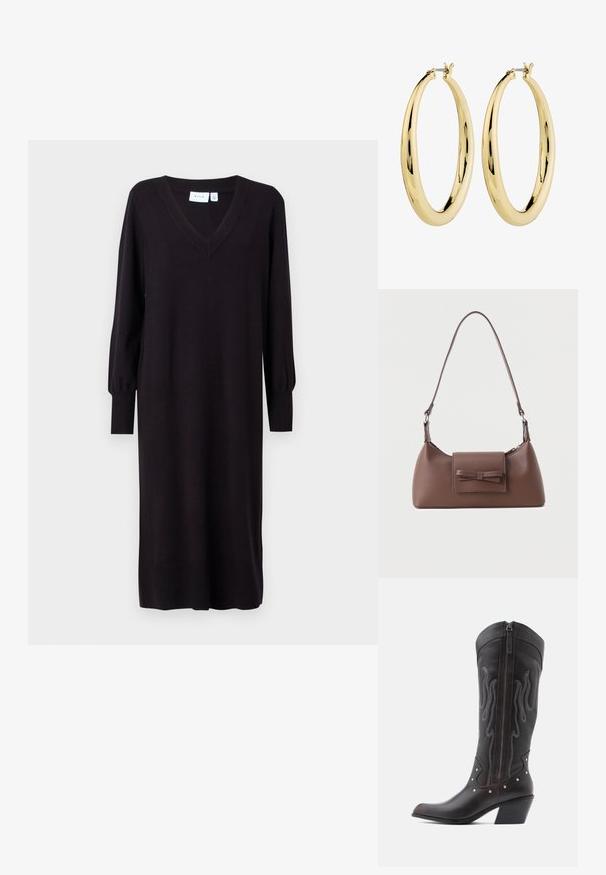 Vestido negro de punto con mangas largas, escote en V y puños acanalados. Corte recto sin patrones o acentos visibles. Textura suave.; Botas de cowboy de cuero marrón con costuras en forma de llama, cremallera lateral, tachuelas plateadas, punta puntiaguda y tacón apilado.; Bolso bandolera de cuero marrón con un bolsillo frontal de solapa que presenta un detalle de moño cosido y una correa ajustable.; Pendientes de aro de oro con un acabado suave y pulido. Forma circular, con un cierre seguro en la parte superior. La superficie refleja la luz.