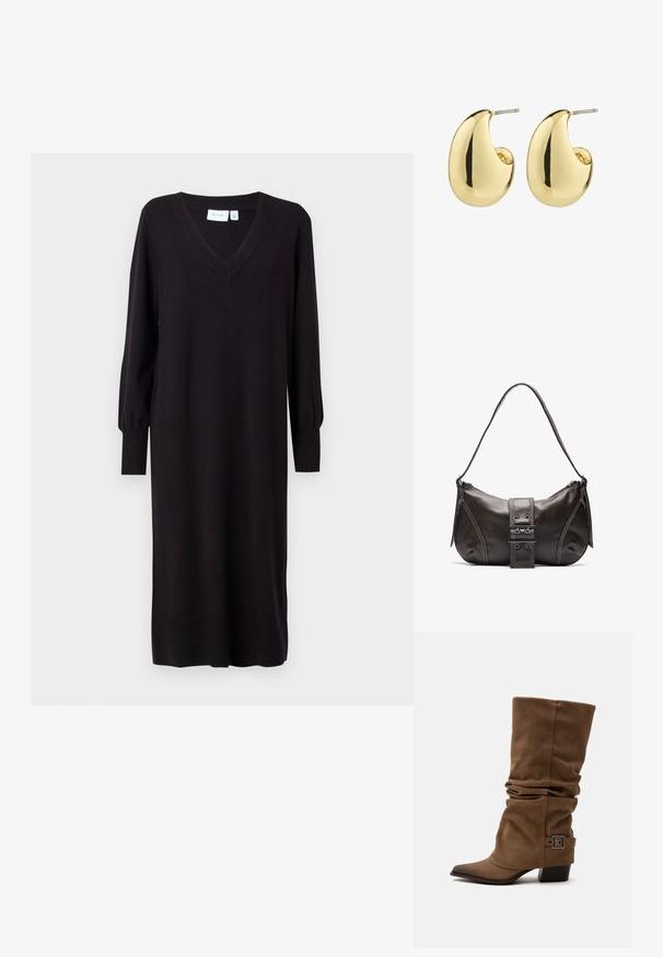 Vestido negro de punto con mangas largas, escote en V y puños acanalados. Corte recto sin patrones o acentos visibles. Textura suave.; Bota marrón caída hasta la mitad de la pantorrilla con puntera puntiaguda, tacón bajo de bloque y correa decorativa con hebilla cerca del tobillo sobre un fondo blanco liso.; Bolso de hombro de cuero marrón con forma curva, que presenta un prominente detalle de hebilla, costuras en contraste y una sola correa para el hombro.; Pendientes de stud en tono dorado con una superficie suave y pulida, que presentan una forma abstracta en forma de lágrima. Hardware de metal simple para la sujeción.