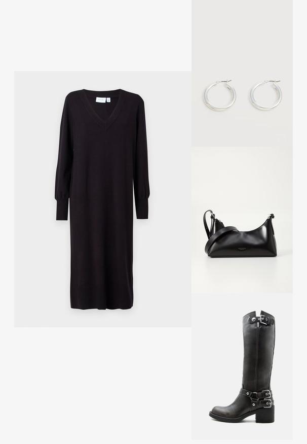 Robe tricotée noire à manches longues, décolleté en V et poignets côtelés. Coupe droite sans motifs ni accents visibles. Texture douce.; Botte haute en cuir noir avec talon épais et trois boucles argentées réglables sur la tige et la cheville.; Sac à main en cuir noir avec une texture lisse. Dispose d'une bandoulière adjustable et d'un design élégant et minimaliste avec une fermeture éclair.; Paire de boucles d'oreilles créoles moyennes argentées brillantes avec de fines attaches métalliques sur un fond clair et neutre.