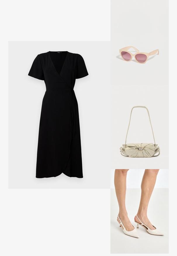 Vestido negro envolvente con mangas cortas, escote en V, cinturilla y falda de longitud completa. Tela suave con una textura sutil.; Tacones slingback de charol beige con punta afilada y un tacón de 5 cm, con lados recortados y una delgada correa en el tobillo.; Gafas de sol de ojo de gato con montura beige y lentes de degradado morado sobre una superficie blanca.; Bolso beige de cuero con diseño fruncido y detalle de hebilla plateada, con una correa larga y sección de asa acolchada.