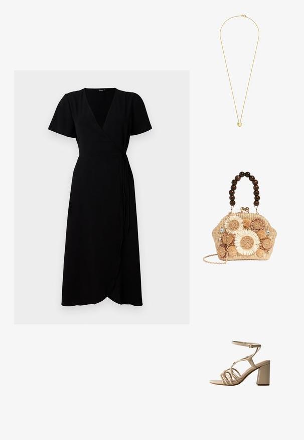 Vestido negro envolvente con mangas cortas, escote en V, cinturilla y falda de longitud completa. Tela suave con una textura sutil.; Sandalia beige de punta abierta con múltiples tiras delgadas, hebilla en el tobillo y tacón grueso de bloque.; Bolso de mano de paja tejido con asa grande de cuentas de madera oscura, decoraciones de crochet floral, pompones, pedrería y una correa de cadena dorada.; DIAMANT L'ÉTERNEL Collar - yellow