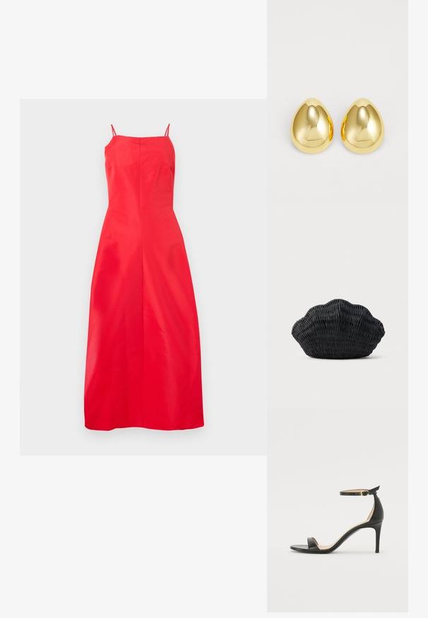 Rotes, ärmelloses Midikleid mit geradem Schnitt und dünnen Trägern, vor einem schlichten weißen Hintergrund.; Schwarze Leder-high-heeled Sandale mit Knöchelriemen. Verfügt über eine glatte Textur, offene Zehen und einen dünnen Absatz. Goldfarbener Schnallenakzent.; Schwarze Korbtasche in Muschelform mit gebogenem Oberteil und gewebter Textur auf einfarbigem Hintergrund.; Goldfarbene Steckerohrringe mit einer glatten, polierten Oberfläche und einer tropfenförmigen Form, die das Licht reflektieren und für ein glänzendes Finish sorgen.