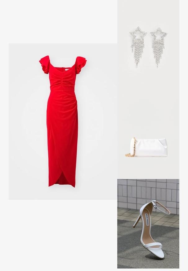 Robe rouge avec des manches courtes à volants, corsage ajusté, texture froncée et jupe style portefeuille. Fabriquée en tissu doux avec une finition lisse.; Sandale blanche à talon haut avec lanière à la cheville, bout pointu, texture en cuir lisse, et talon aiguille fin. Étiquette "Steve Madden" visible.; Pochette souple blanche avec bandoulière chaîne dorée ornée de pierres précieuses transparentes, sur fond gris clair uni.; Boucles d'oreilles en strass en forme d'étoile avec des détails de franges en cascade, présentant une teinte argentée et une surface brillante et réfléchissante. Forme d'étoile avec un design complexe.