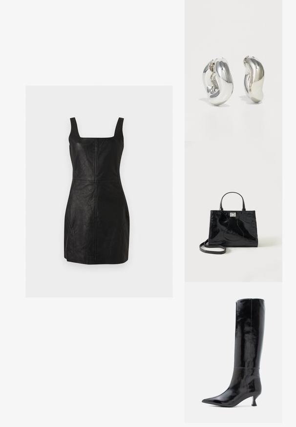 Mini-robe noire sans manches en similicuir avec encolure carrée et détails visibles de coutures verticales et horizontales.; Bottes en cuir noir, montantes jusqu'au genou, avec une finition brillante, un bout pointu et un petit talon carré. Texture lisse, détails de couture minimalistes.; Sac à main en cuir verni noir avec poignées arrondies, bandoulière détachable et fermeture à boucle argentée sur fond blanc uni.; Boucles d'oreilles sculpturales en argent avec des formes douces et courbes et des surfaces réfléchissantes. Présentent un design de boucle fermée et une forme organique distincte.