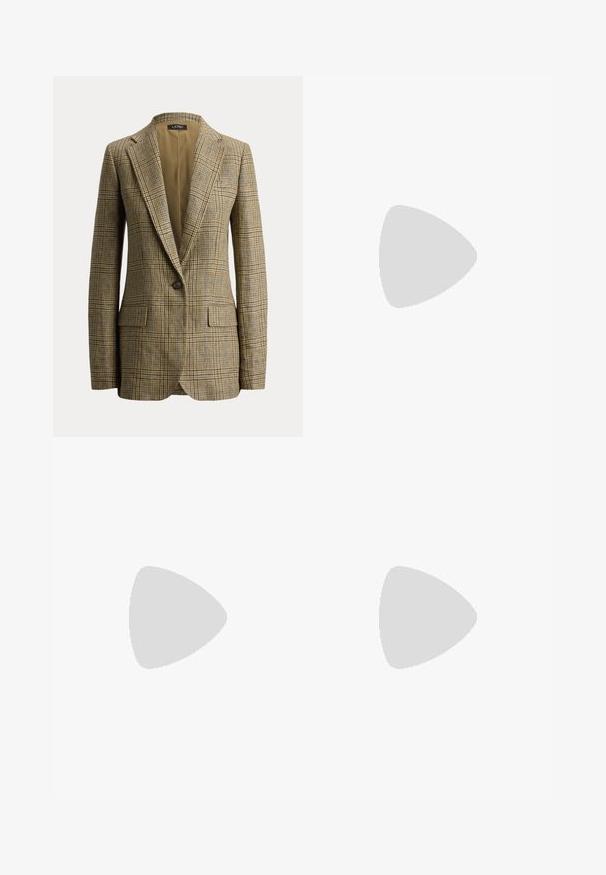 Brun og beige ternet blazer med enkelt knap, knaphulsrevers og forlommer med klapper, vist på en hvid baggrund.; Mørkebrunt langærmet ribstrikket polotrøje med tætsiddende silhuet og lille logo nær den nederste kant foran på venstre side.; Brun linned A-formet nederdel med høj talje, der har to forlommer og en glat tekstur, som falder under knæet.; Brune læder dress sko med brogue-detaljer, snørebånds lukning, rund tå og en lav stablet hæl. Poleret finish og indviklede perforeringer.
