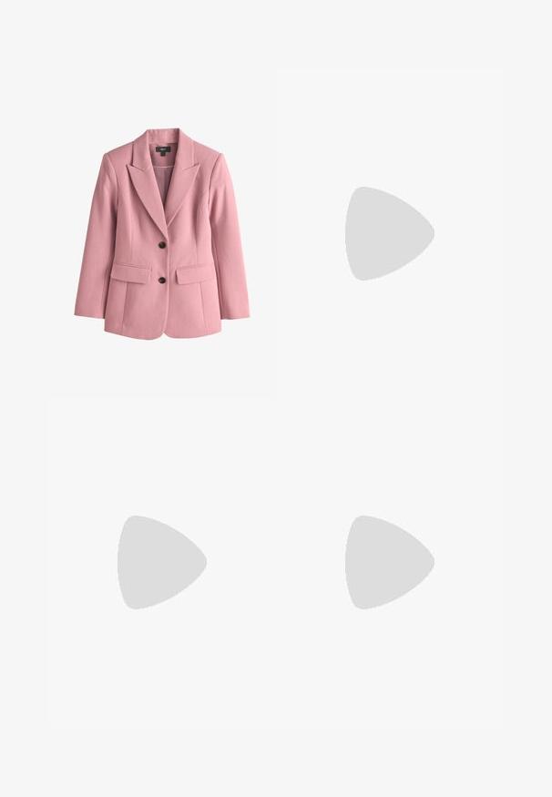 Blazer rosa de mujer hecho a medida con solapas con muesca, dos botones negros, bolsillos con solapa y mangas largas, etiquetado con "NEXT" en el interior del cuello.; Stine Goya PLEATED BALLOON SLEEVE TIE - Blusa - pink nectar; Falda lápiz acanalada en púrpura claro con un diseño ajustado. Presenta una cintura alta, textura suave y un corte a la altura de la rodilla.; Bailarinas de cuero rosa con punta redondeada, que cuentan con una correa plisada a lo largo del empeine y un forro interior suave.
