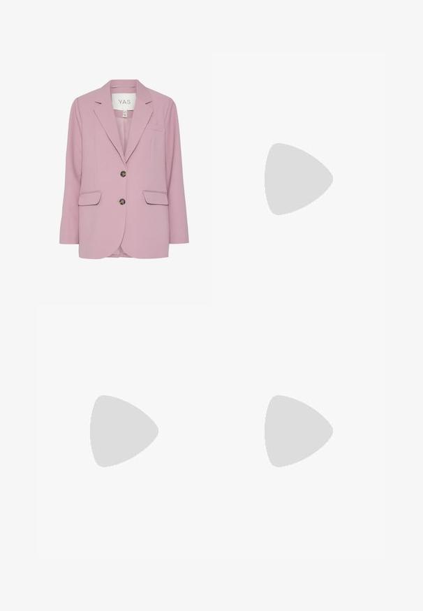 Roze blazer met een gestructureerde stof, met notch-kleppen, twee voorzakken en twee knoopsluitingen. Label zichtbaar aan de binnenkant met het merk Y.A.S.; Lichtroze blouse met lange mouwen, kraag, verborgen knoopsluiting en op maat gemaakte manchetten, weergegeven op een effen lichte achtergrond.; Lichtblauwe flared broek van een gladde stof, met twee voorzakken, een platte voorkant en een getailleerde tailleband met riemlussen.; Licht mintgroene leren ballerina met een ronde neus, minimalistisch ontwerp en een platte zool, met een gladde textuur en zonder versieringen.