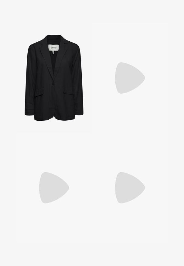 Zwarte blazer met een gladde structuur, sluiting met één knop, notch revers en twee voorkanten zakken. Eenvoudig ontwerp met een getailleerde pasvorm.; Zwart kort mouw t-shirt van gladde stof met een ronde hals en een aansluitend ontwerp. Heeft minimale naden en geen patronen.; Zwarte rechte broek met knoopsluiting, riemlussen en een klein flapzakje aan de rechterkant dicht bij de tailleband.; Zwarte rubberen teenslipper met gestructureerd zool en Y-vormige band, zijaanzicht op een effen lichte achtergrond.