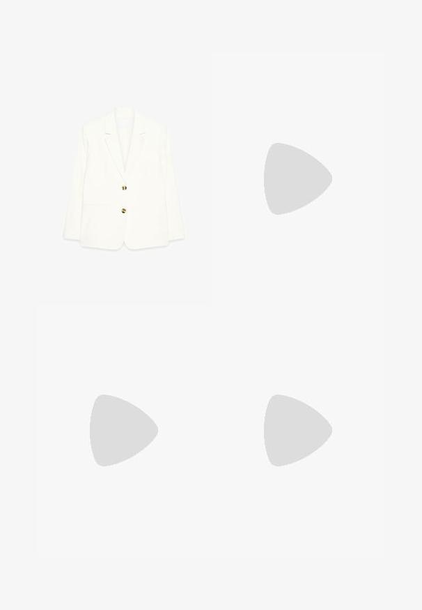 Hvid blazer med struktureret design, to frontlommer og tre gyldne knapper foran. Fremstillet af glat stof.; Cremefarvet, cropped sweater med ribbet tekstur, V-hals og lange ærmer. Har en afslappet pasform og et enkelt design.; Bredde bukser i olivengrønt stof med en struktureret overflade, der har frontfolder og et højt livdesign. Ingen synlig hardware.; Beige ruskind slip-on loafers med rund tå, lav flad hæl, syet sål og elastisk sideindsats for nem påtagning.