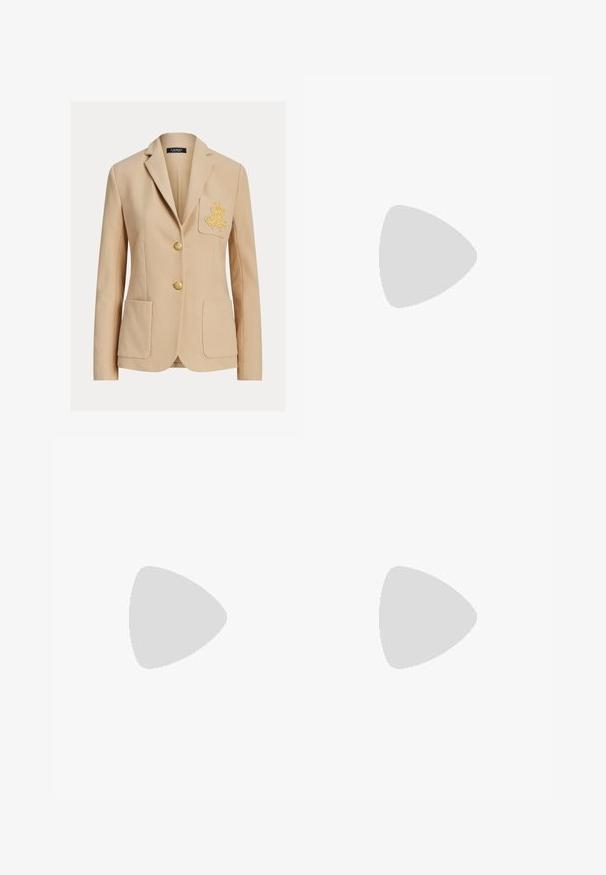 Beige tailored blazer with two front pockets, gold embroidery on left chest pocket, and two gold buttons down the center.; White long-sleeve button-up shirt with collar and small embroidered logo on left chest.; Beige slim-fit women's pants with high waist, two buttons at the side, and a small buttoned flap pocket near the waistband.; Tall brown leather boot with low stacked heel and decorative strap with gold buckle around the ankle.